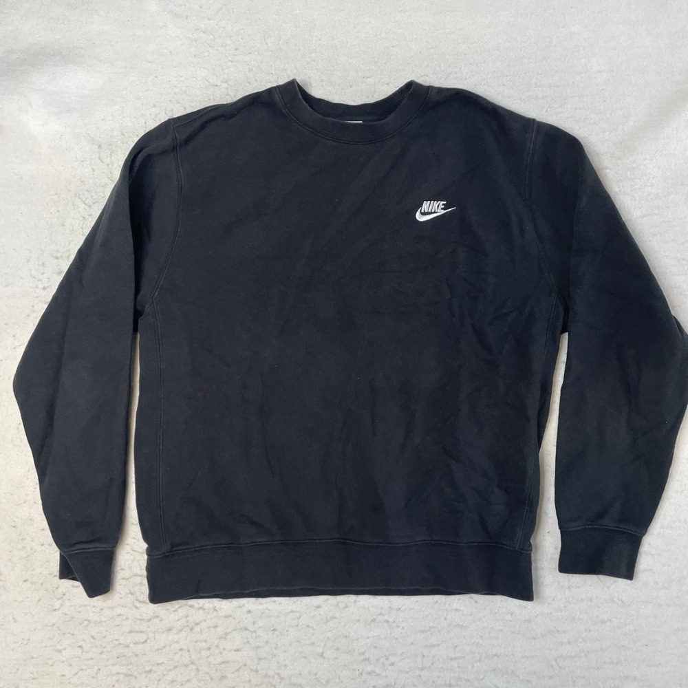 Nike Crewneck Sweatshirt Medium Black Embroidered Swoosh Logo Fleece Pullover